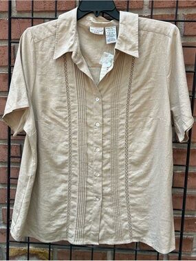 Vintage Light Tan Button-Up Short Sleeve Linen Blouse NWT